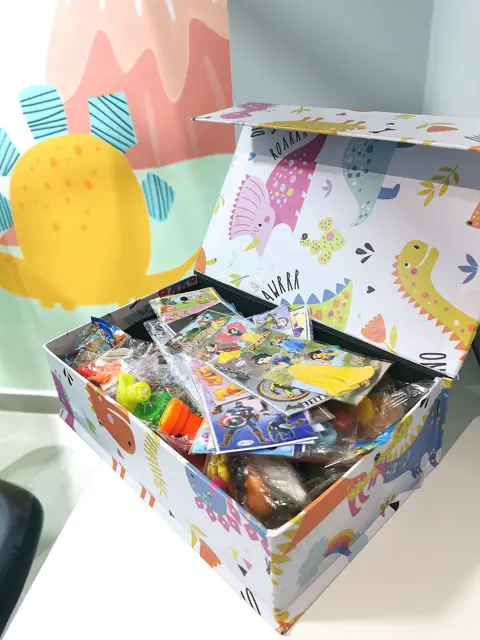 A caixa mágica aberta, cheia de brinquedos.